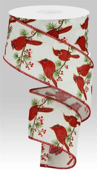 2.5 Inch By 10 Yard Cardinals On Branch On White Royal Ribbon