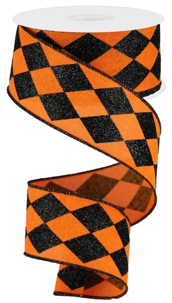 2 Inch By 10 Yard Orange And Black Glitter Harlequin Check Ribbon
