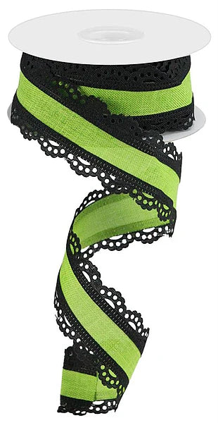 1.5 Inch By 10 Yard Black And Lime Lace Edge Royal Burlap Ribbon