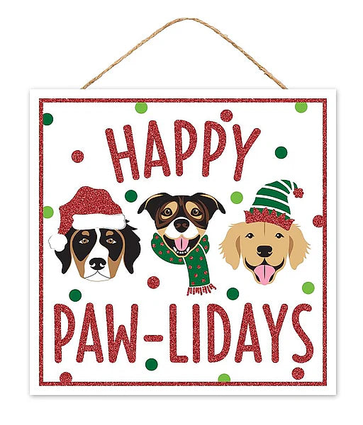 10 Inch Square Happy Paw-Lidays Glitter Wood Sign