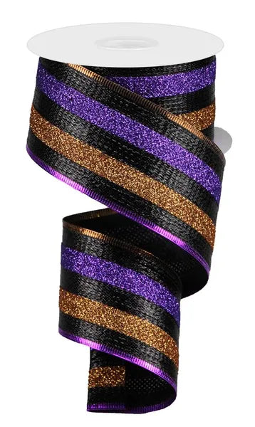 2.5 Inch By 10 Yard Purple And Copper Glitter Stripes Ribbon