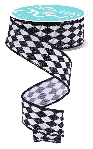 1.5 Inch By 10 Yard White And Black Glitter Harlequin Ribbon
