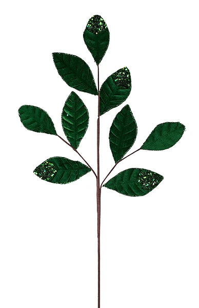 27 Inch Emerald Green Velvet And Glitter Magnolia Leaf Spray