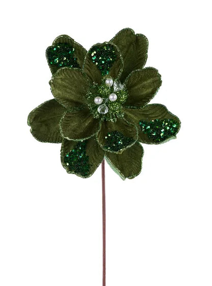 22 Inch Moss Green Glitter Sequin Bead Magnolia Stem