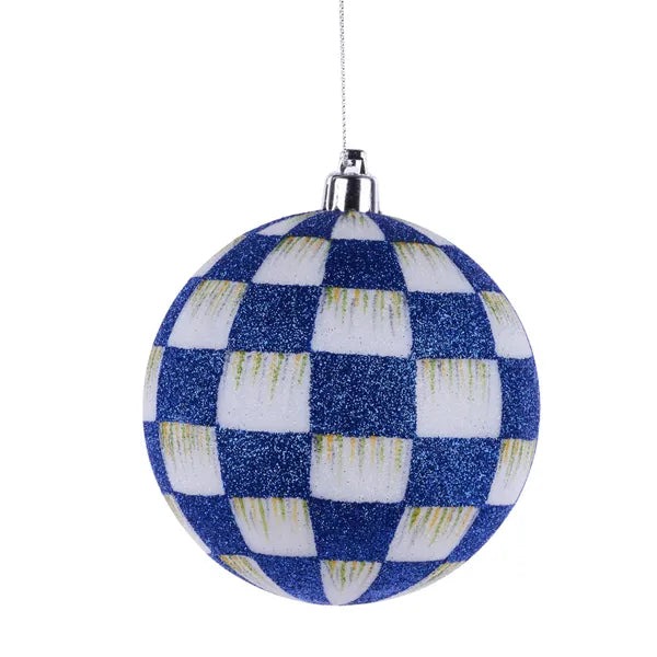 4 Inch Blue And White Glitter Check Ornament
