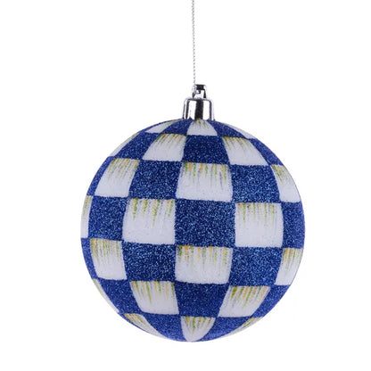 4 Inch Blue And White Glitter Check Ornament
