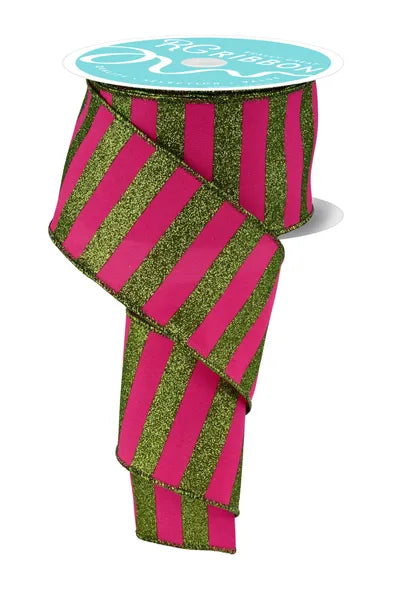 2.5 Inch By 10 Yard Hot Pink And Lime Green Horizontal Glitter Stripes Ribbon