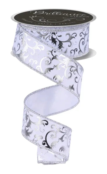 1.5 Inch By 10 Yard White And Silver Metallic Foil Swirl Leaf Ribbon