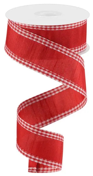 1.5 Inch By 10 Yard Red And White Faux Dupioni Mini Gingham Edge Ribbon