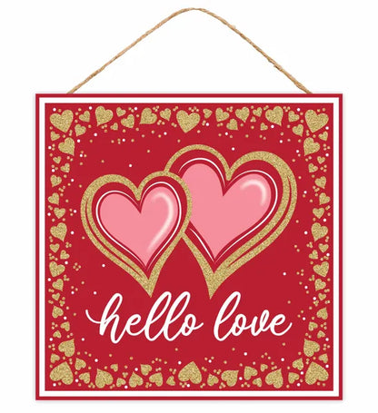 10 Inch Red And White Double Heart Hello Love Glitter Wood Sign