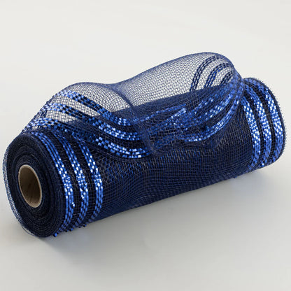 10 Inch By 10 Yard Navy With Royal Blue Border Stripe Metallic Mesh