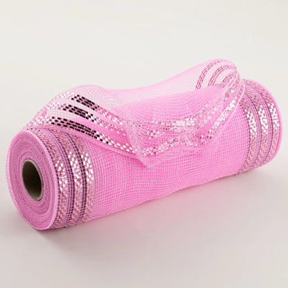 10 Inch By 10 Yard Pink With Pink Foil Border Stripe Metallic Mesh