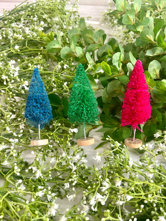 4 Inch 3 Count Bottle Brush Trees Bright Colors Pink Green Blue