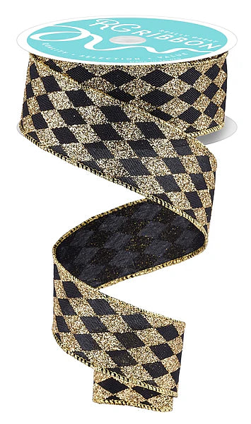 1.5 Inch By 10 Yard Black And Gold Glitter Harlequin Ribbon