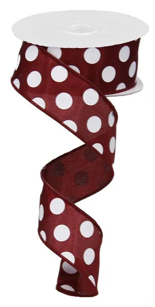 1.5 Inch By 10 Yards Maroon And White Polka Dots Ribbon