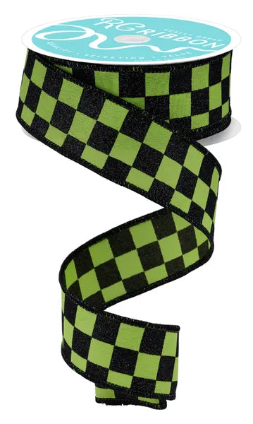 1.5 Inch By 10 Yard Lime Green And Black Glitter Check Ribbon