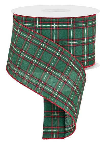 4 Inch By 50 Yard Emerald Red Black And White Woven Plaid Ribbon