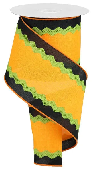 4 Inch By 10 Yard Orange Black And Lime Ricrac On Royal Burlap Ribbon