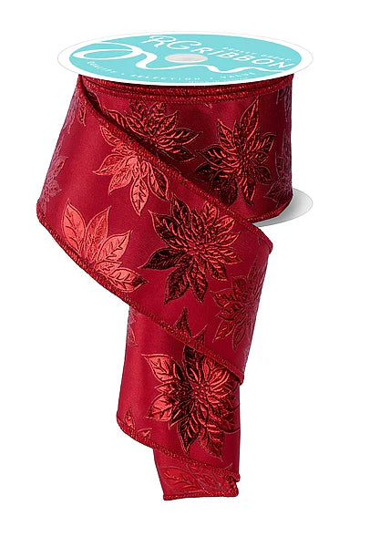 2.5 Inch By 10 Yard Red Metallic Poinsettia Ribbon
