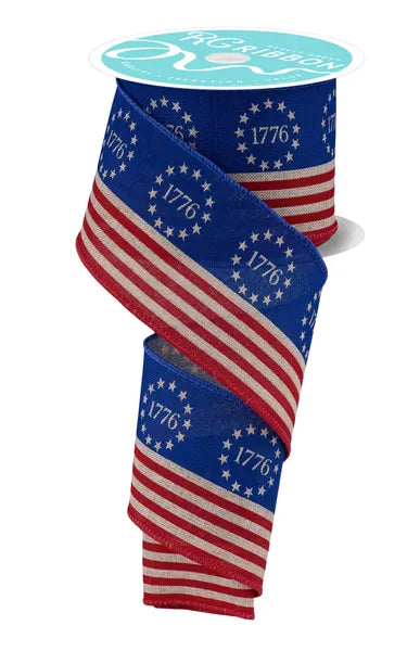 2.5 Inch By 10 Yard Natural Red And Blue 1776 Stars And Stripes Ribbon