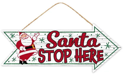 16 Inch Glitter Santa Stop Here Arrow Shaped Wood Sign