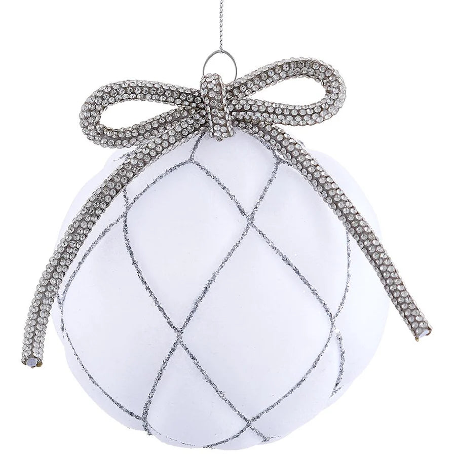 4 Inch White And Silver Glass Flocked Ball Ornament