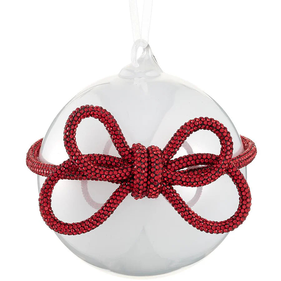 4 Inch Pearl White Glass Ball Ornament With Red Diamond Bow