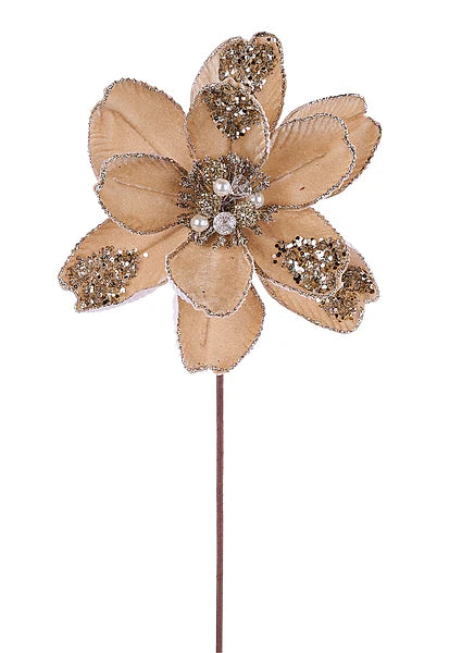 22 Inch Taupe Glitter Sequin And Bead Magnolia Spray