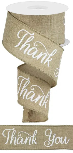 2.5 Inch By 10 Yard Light Beige And White Thank You On Royal Ribbon