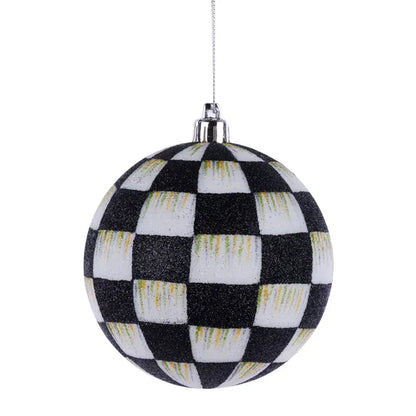 4 Inch Black And White Check Glitter Ornament