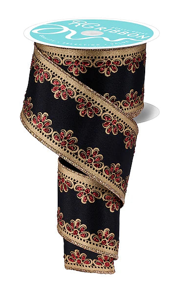 2.5 Inch By 10 Yard Black Gold And Red Lux Scallop Trim Ribbon