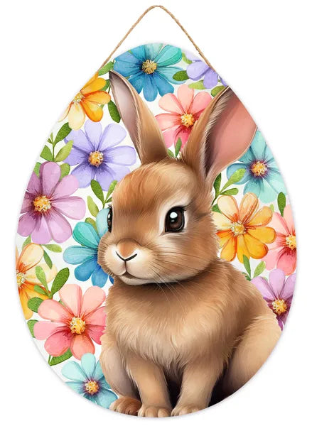 12 Inch Bunny With Flowers Egg Shaped Wood Sign