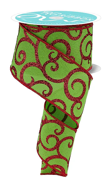 2.5 Inch By 10 Yard Fresh Green And Red Glitter Swirl Ribbon