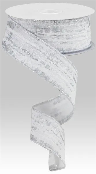 1.5 Inch By 10 Yard White And Silver Glitter Metallic Streaks Ribbon