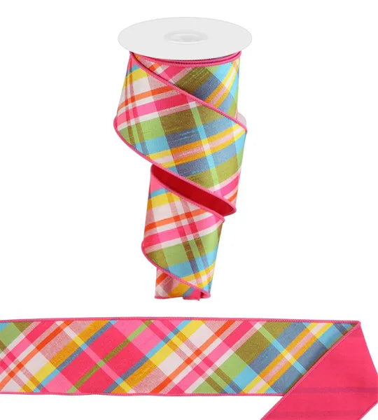 2.5 Inch By 10 Yard Hot Pink Turquoise Lime And Yellow Diagonal Plaid Fused Ribbon