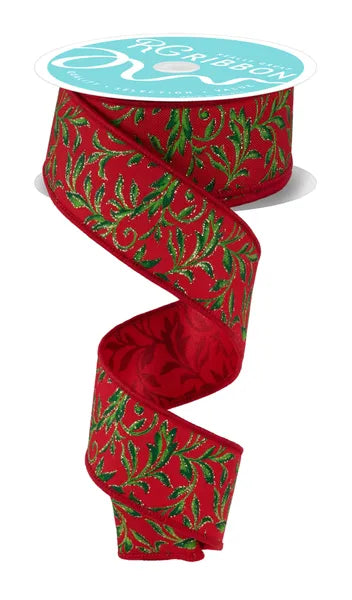 1.5 Inch By 10 Yard Red Green Gold Tonal Leaves Ribbon