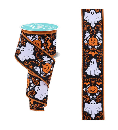 2.5 Inch By 10 Yard Ghost And Pumpkin Halloween Damask Ribbon