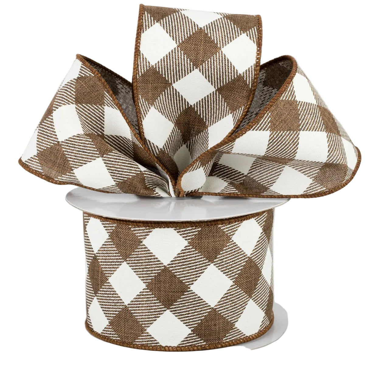 2.5 Inch By 10 Yard Brown And Ivory Diagonal Check On Royal Ribbon