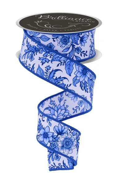 1.5 Inch By 10 Yard Blue And White Chinoiserie Florals Ribbon