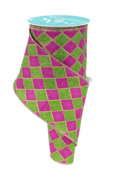 4 Inch By 10 Yard Hot Pink And Lime Glitter Harlequin Ribbon