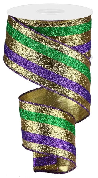 2.5 Inch By 10 Yard Mardi Gras Full Glitter Stripe Ribbon