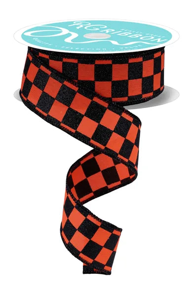 1.5 Inch By 10 Yard Dark Orange And Black Glitter Check Ribbon