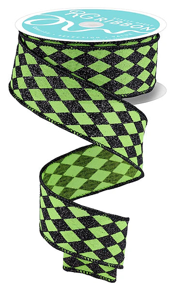 1.5 Inch By 10 Yard Fresh Green And Black Glitter Harlequin Ribbon