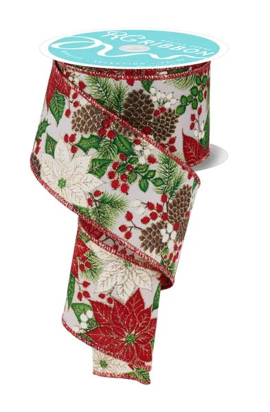 2.5 Inch By 10 Yard Poinsettia Foliage And Pinecones Ribbon