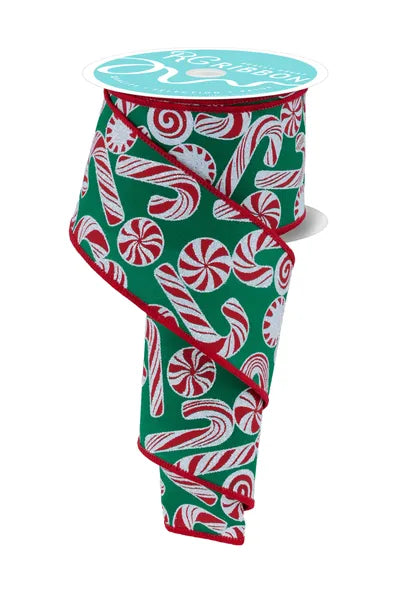 2.5 Inch By 10 Yard Glitter Peppermint And Candy Cane Ribbon