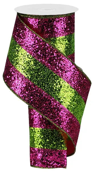4 Inch By 10 Yard Fuchsia And Lime Large Glitter Stripe Ribbon