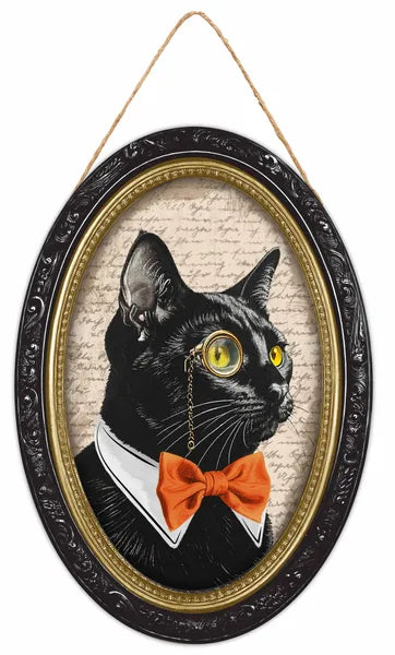 13 Inch By 9 Inch Black Cream And Orange Black Cat Portrait Wood Sign