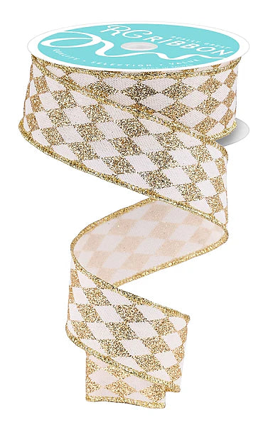 1.5 Inch By 10 Yard Cream And Gold Glitter Harlequin Ribbon