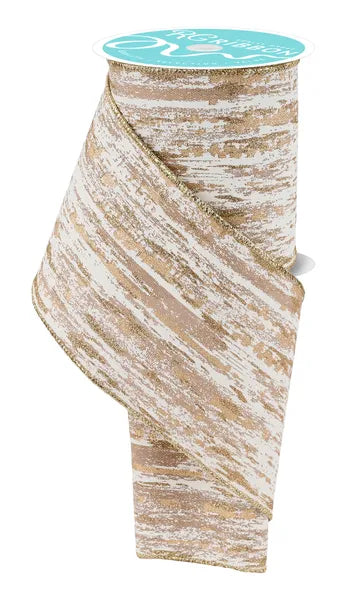 4 Inch By 10 Yard Beige Cream And Gold Glitter Metallic Streaks Ribbon