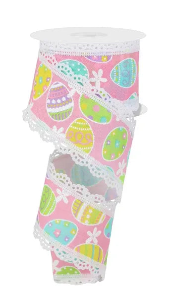 2.5 Inch By 10 Yard Easter Eggs With Lace Edge Ribbon